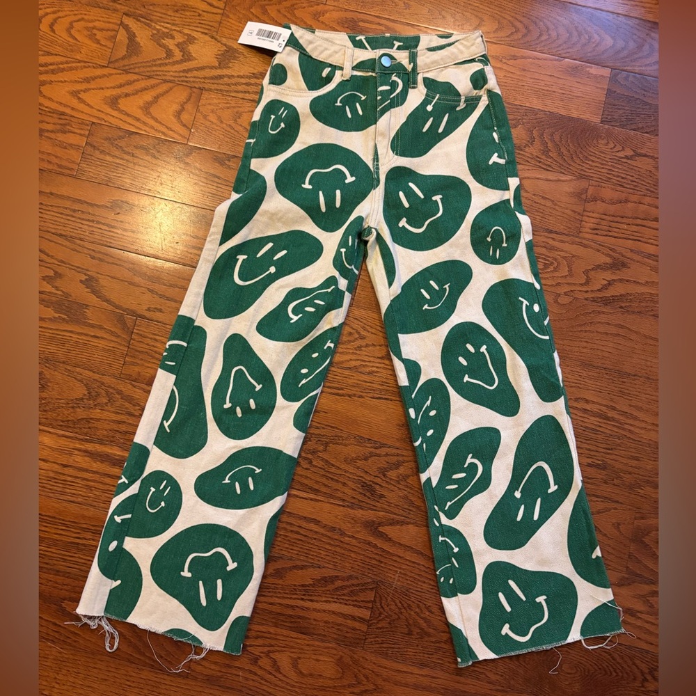 NWT Psychedelic Smiley Cream / Green Denim Pants (Nectar x Clothing) Sz XS